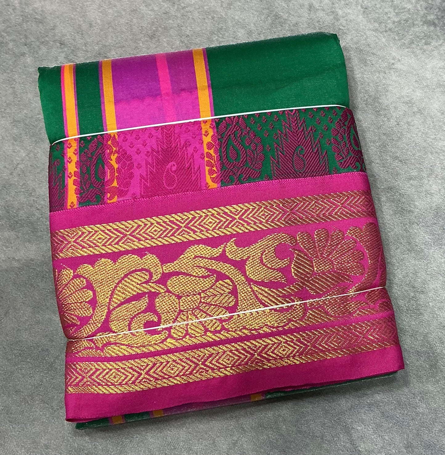 Art Silk Dhothi 9X5 Emerald Green Colour with Pink and Blue Colour Ganga Jamuna Border