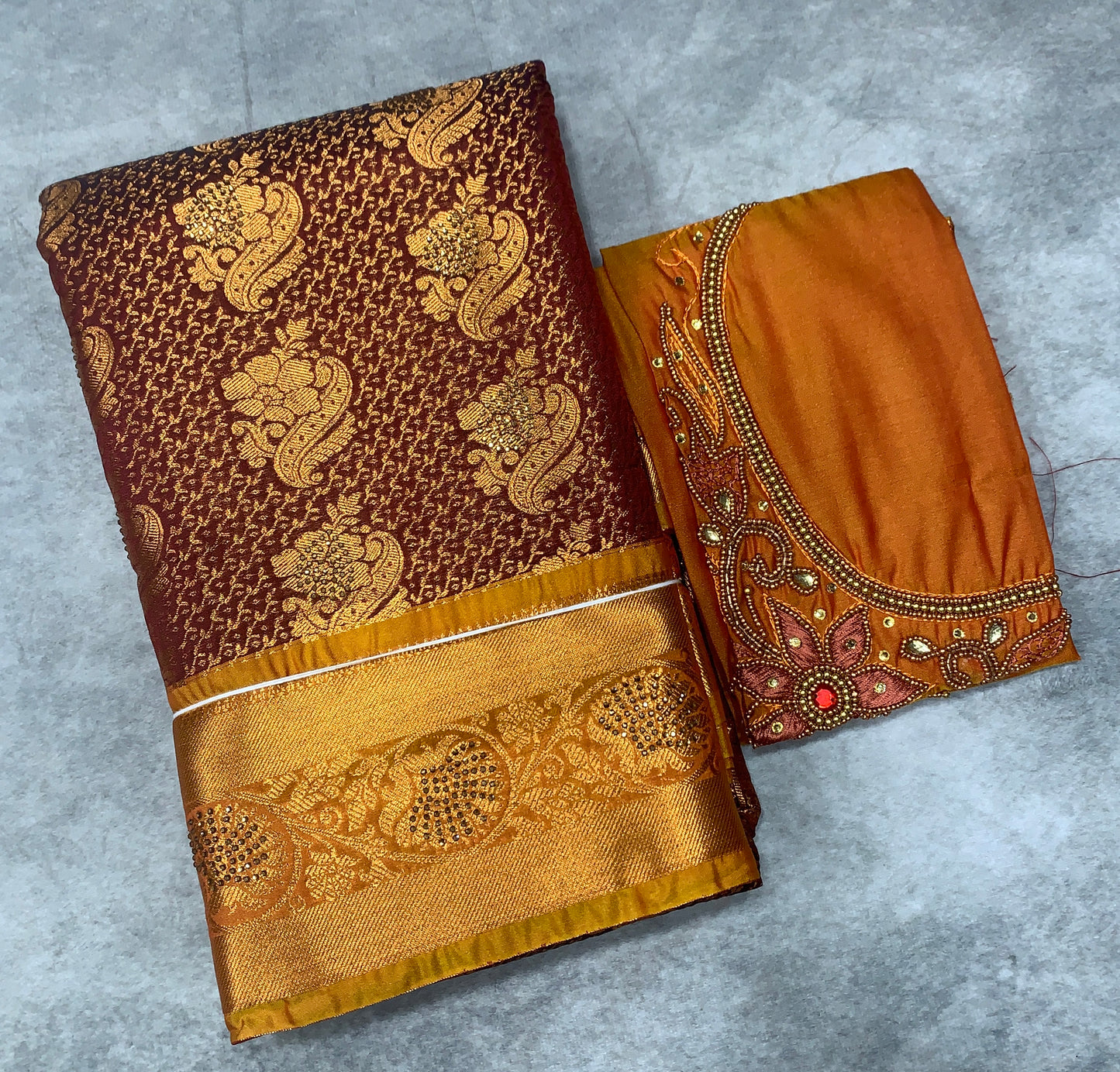 Bridal Vegan Silk Saree Maroon shade with Golden Yellow Border with Unstitched blouse in Aari Work