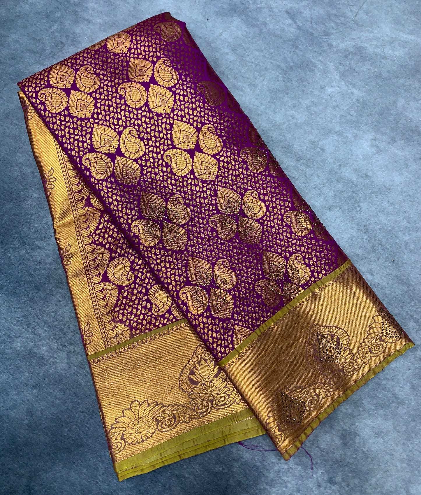 Vegan Silk Saree Magenta Colour with Copper and Golden Yellow Border