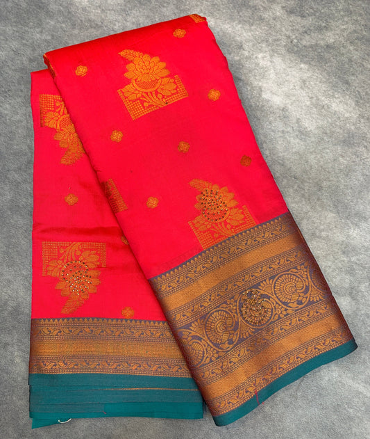 Soft Silk Casual Saree Peach Pink Colour with Rama Green and Golden Colour Border