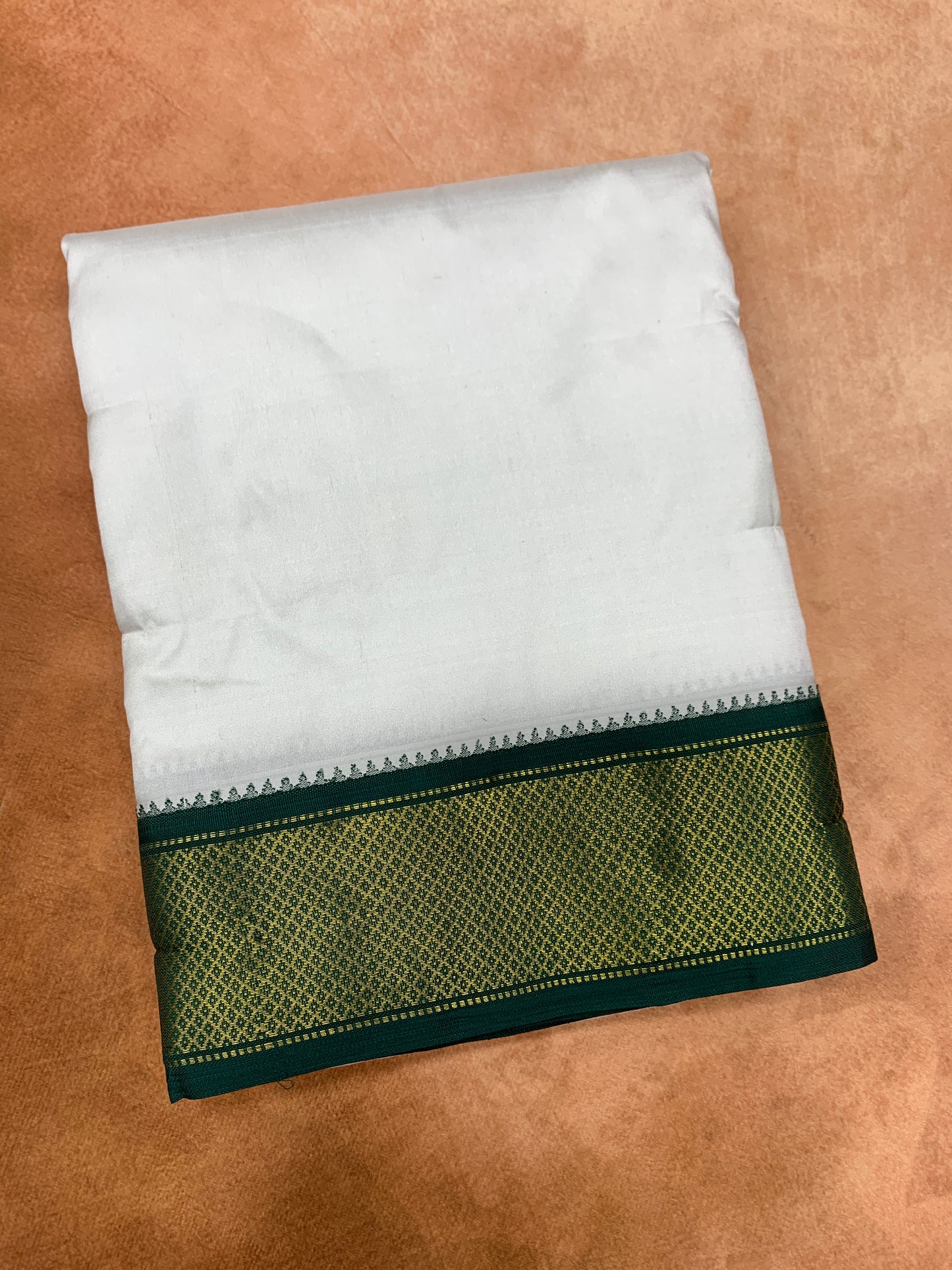 9X5 Pure Silk Dhoti White Colour with Green and Maroon Ganga Jamuna Border
