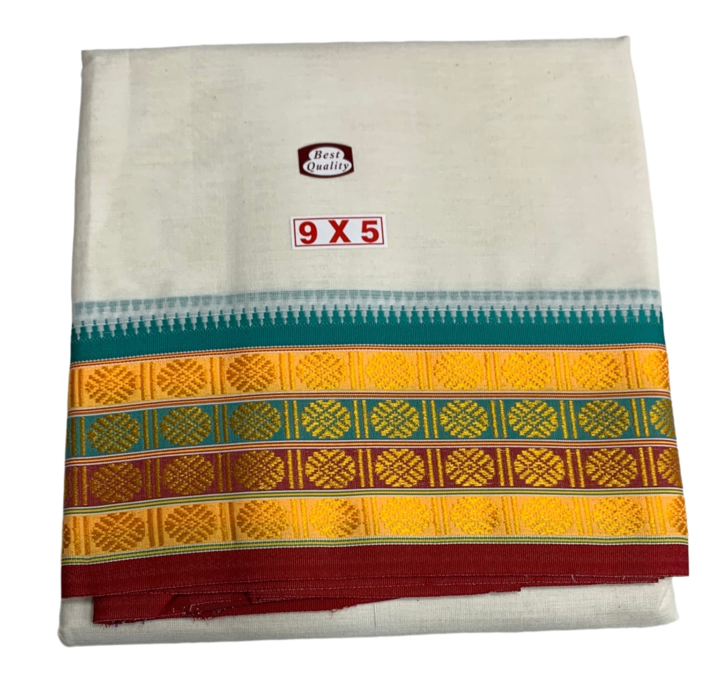 9X5 Cotton Unbleached Dhoti with Angavastram with Green,Yellow and Maroon Border