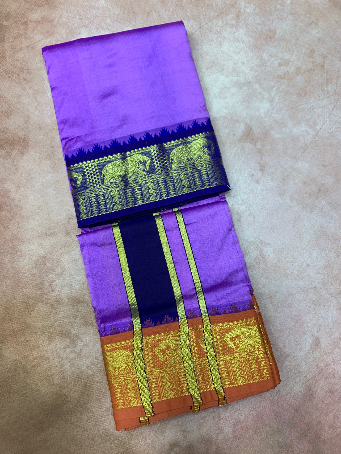 9X5 Pure Silk Dhoti Purple Colour with Blue and Orange Ganga Jamuna Border