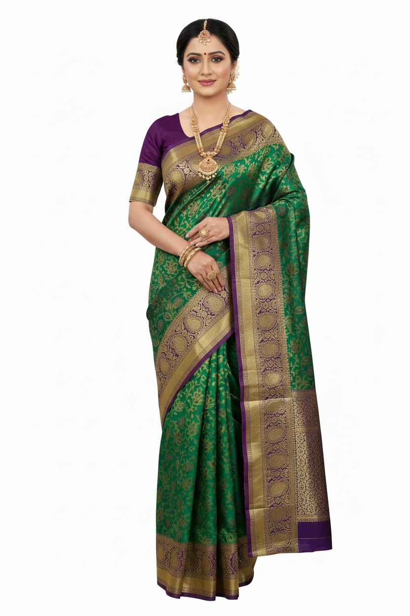 Vegan Silk Saree Green Colour with Blue Border