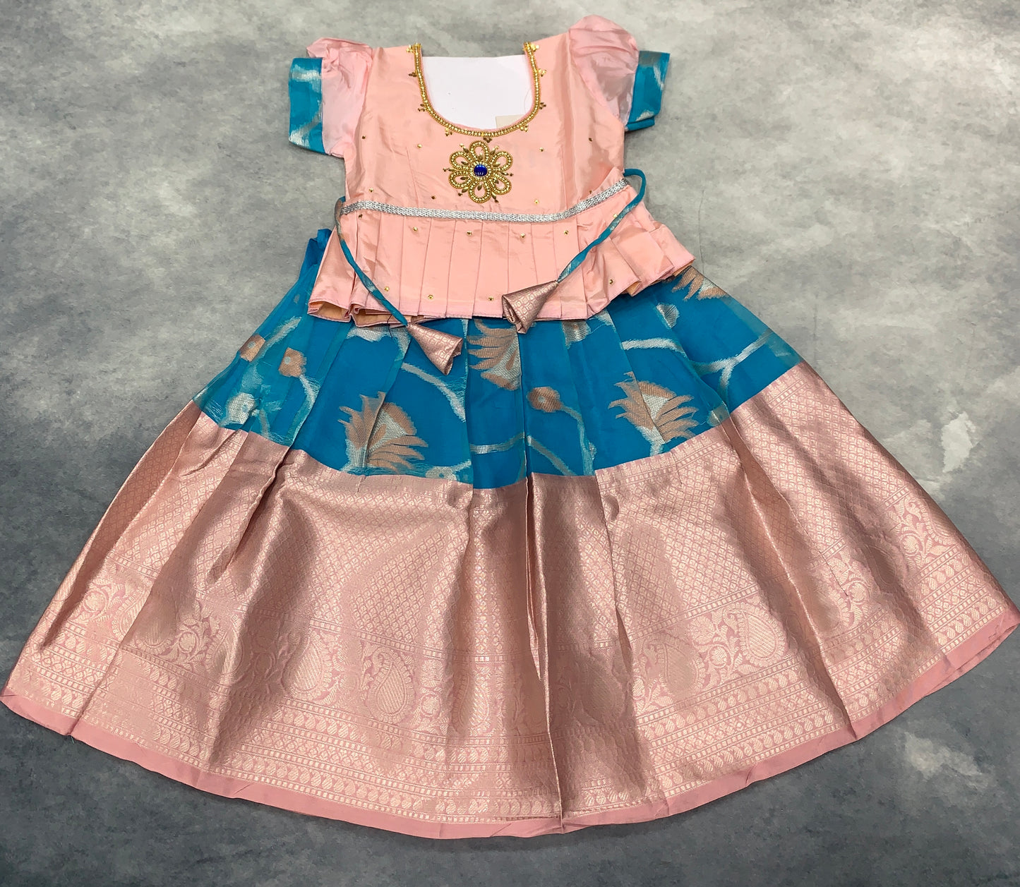 Ready To Wear Sky Blue Pavadai with Contrast Peach Blouse