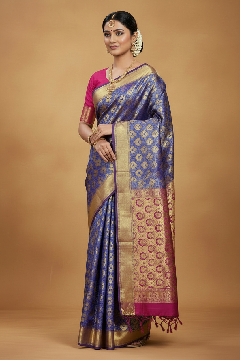 Vegan Silk Saree Blue Colour with Copper and Magenta Border
