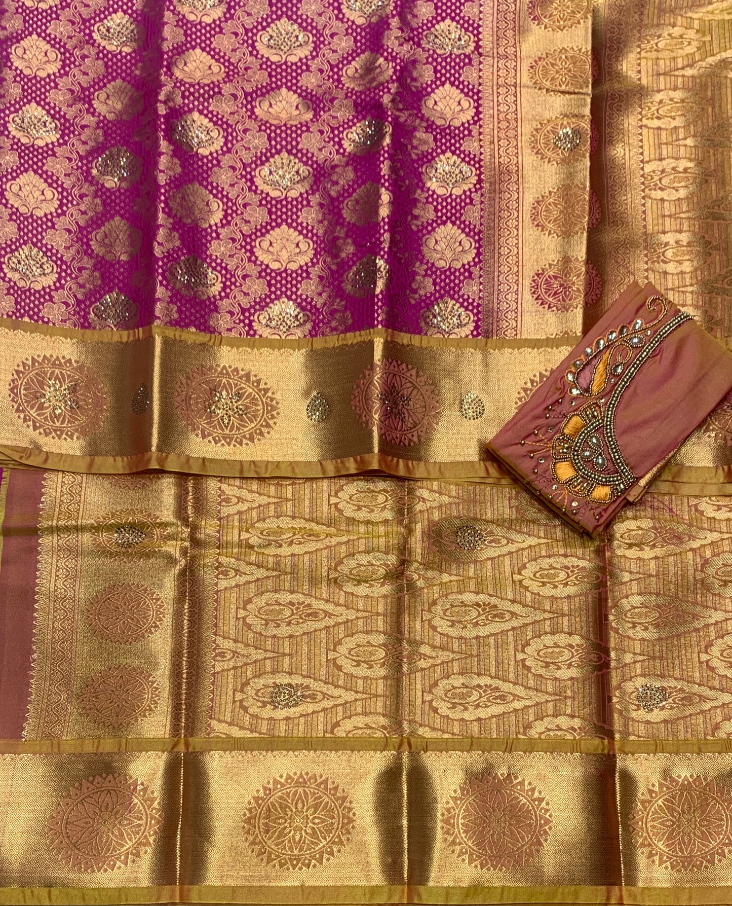 Bridal Vegan Silk Saree Pink shade with Golden Yellow Border with Unstitched blouse in Aari Work