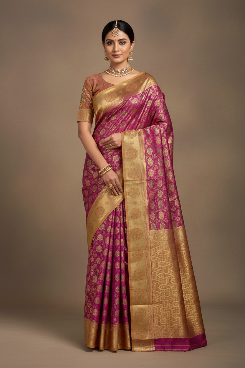 Bridal Vegan Silk Saree Pink shade with Golden Yellow Border with Unstitched blouse in Aari Work