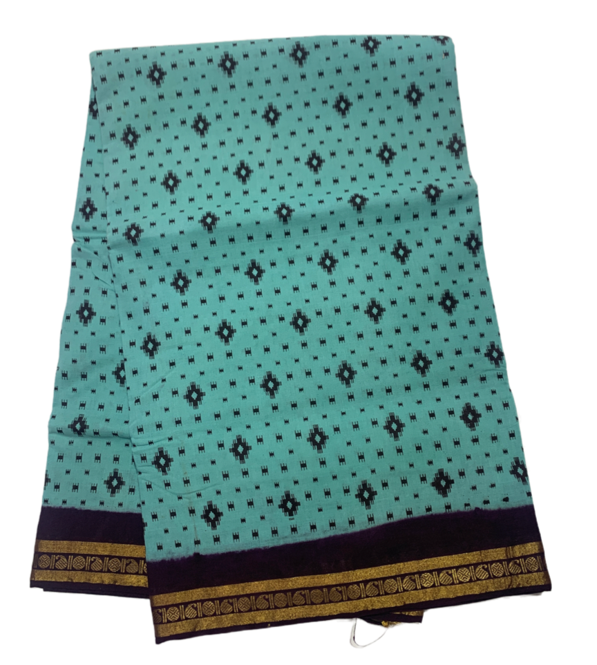 9 yards Cotton Saree Mint Green Colour with Brown Border