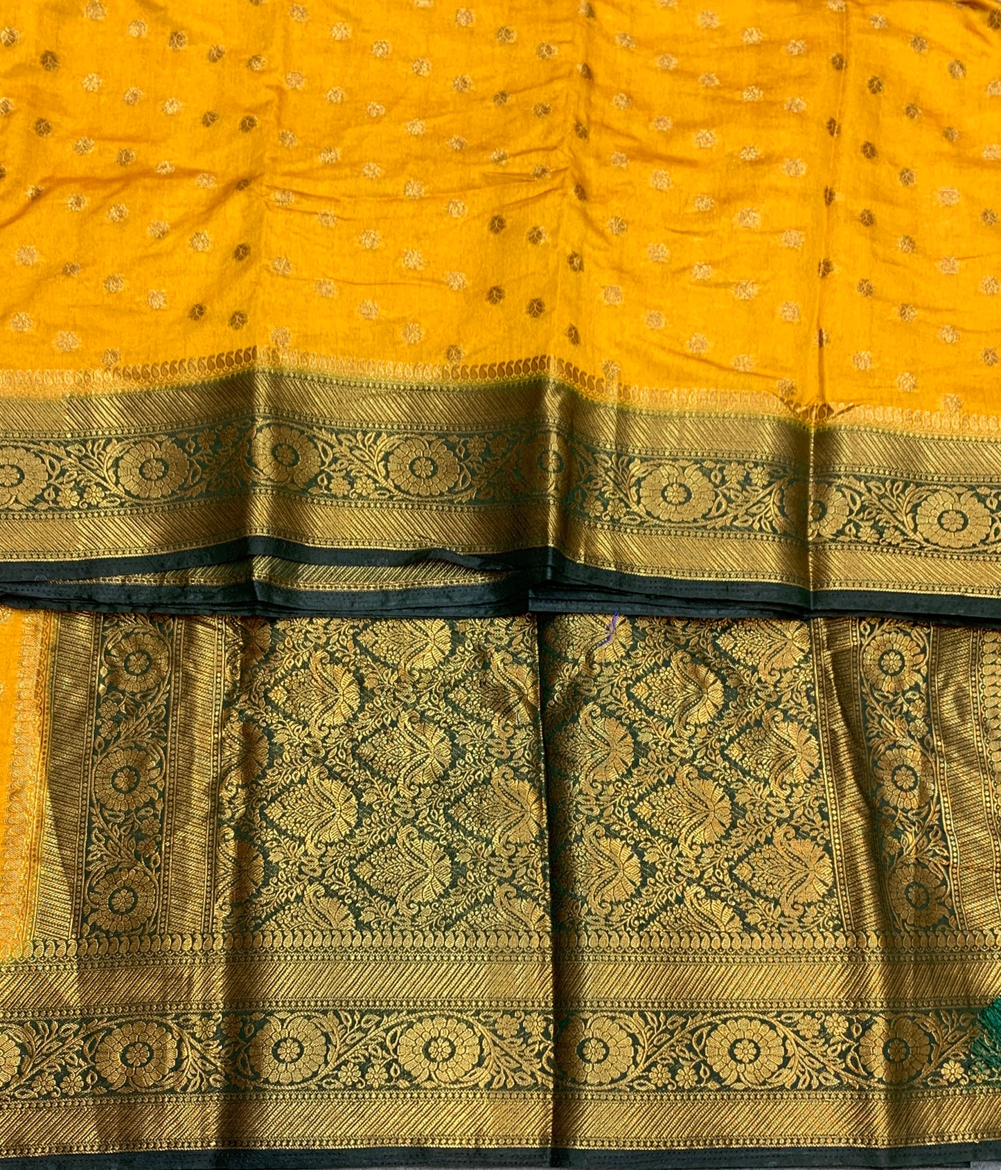 Crepe Saree Mustard Colour with Green Border