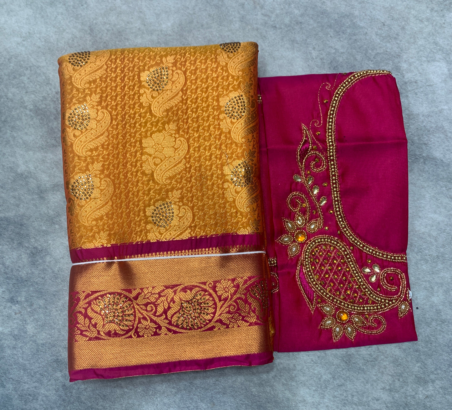 Vegan Silk Saree Golden Yellow Colour with Copper and Pink Border