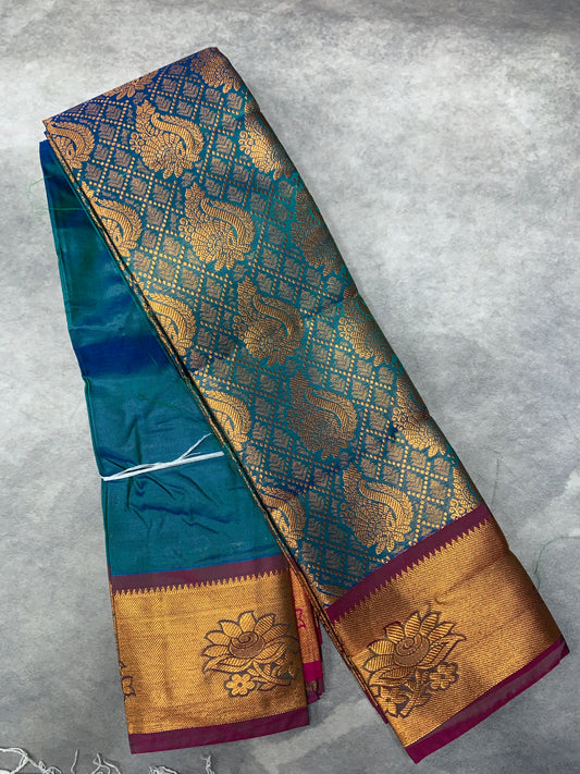 Vegan Silk Saree Rama Blue Colour with Copper and Magenta Border