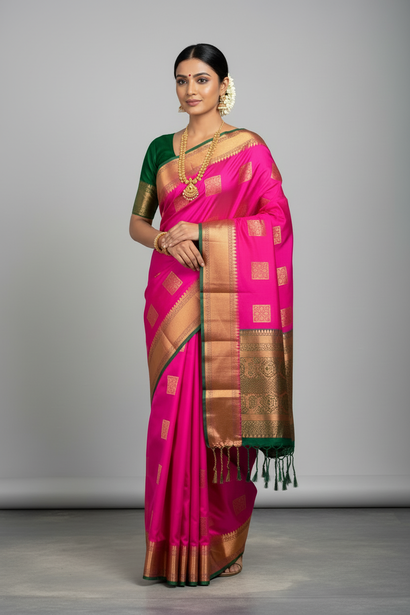 Soft Vegan Silk Saree Pink Colour with Green and Copper Border
