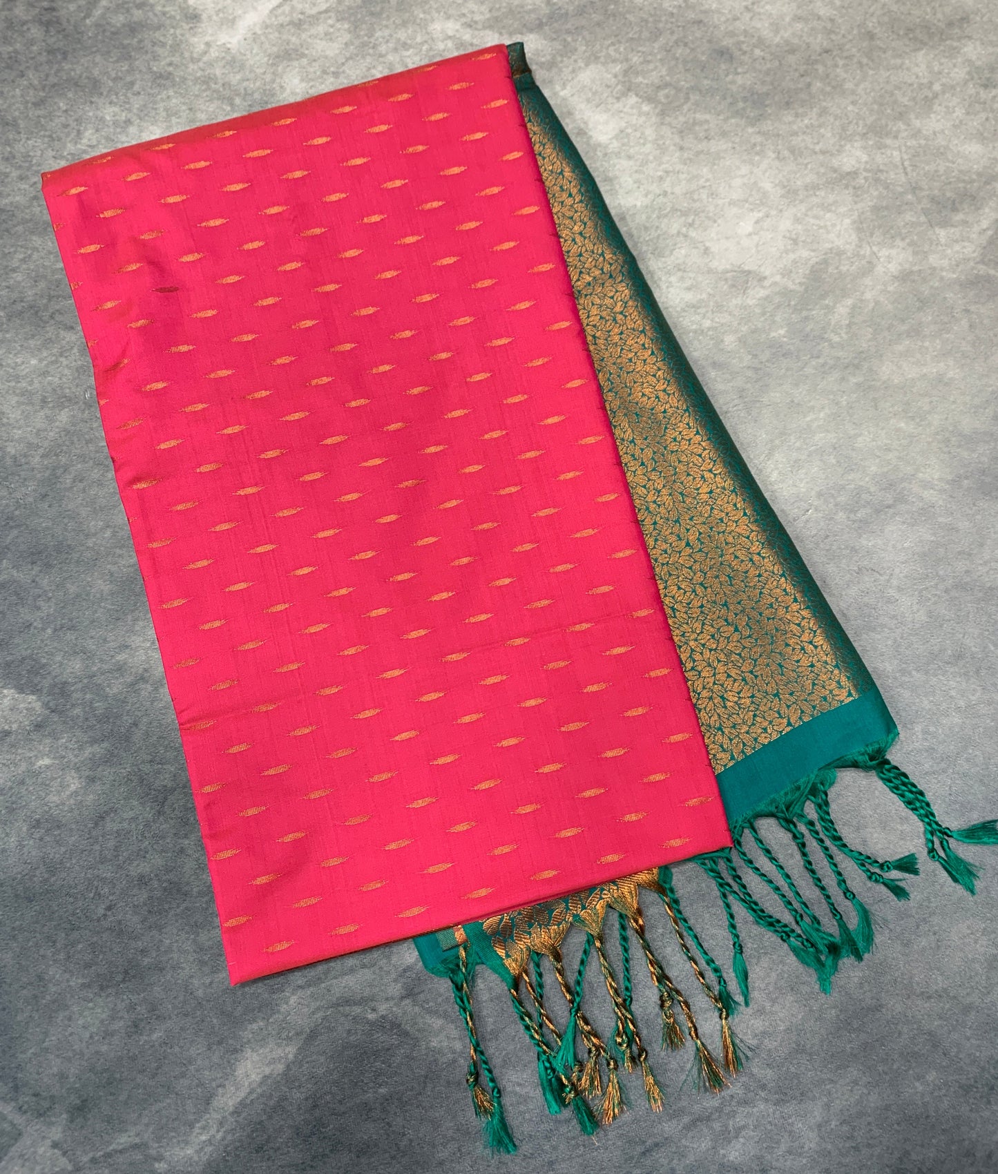 Soft Vegan Silk Saree Rani Pink Colour with Green and Copper Border