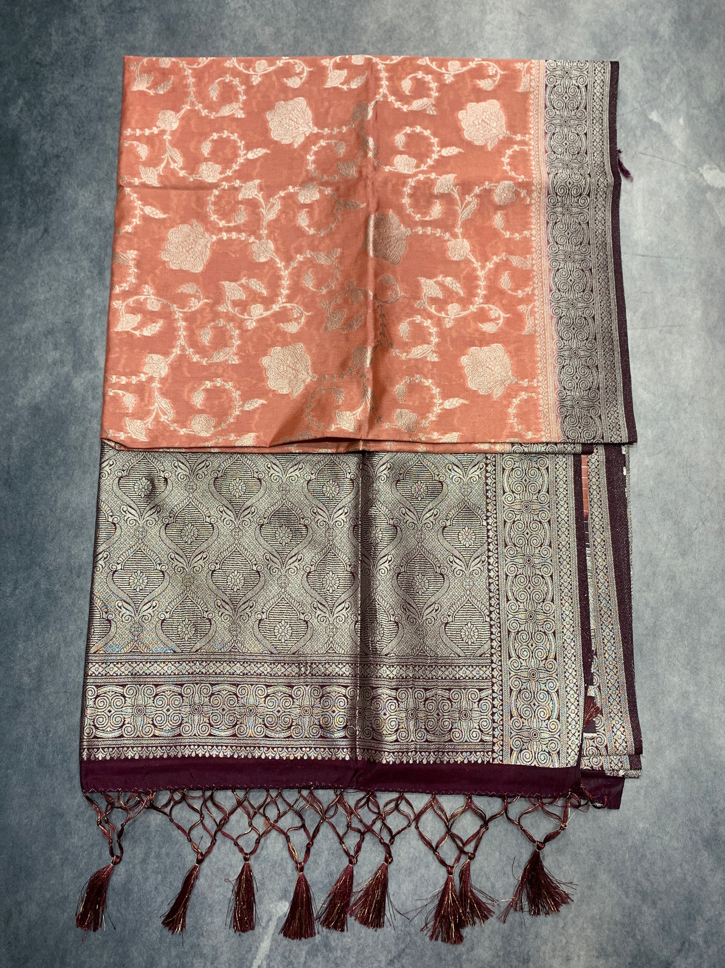 Soft Silk Casual Saree Peach Colour with Brown Colour Border