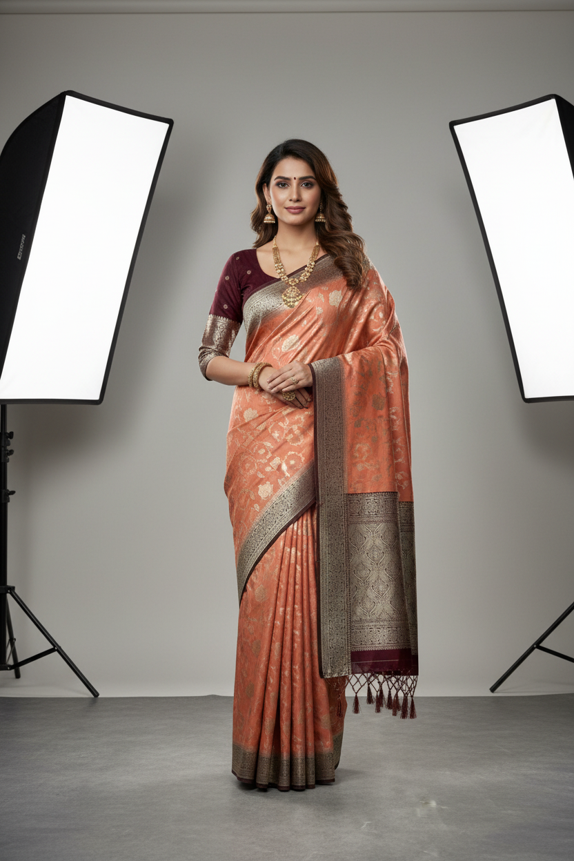 Soft Silk Casual Saree Peach Colour with Brown Colour Border