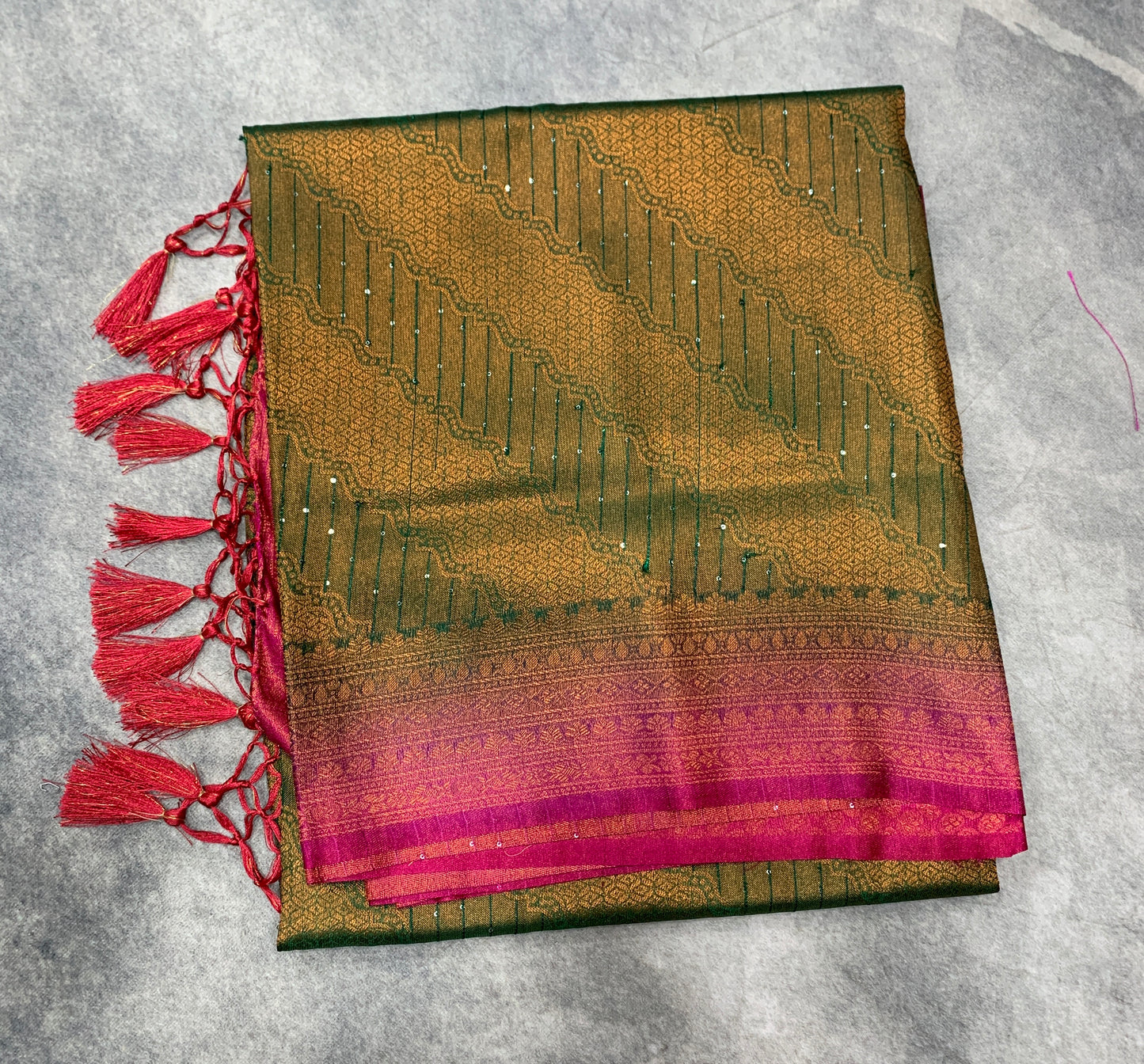 Soft Silk Saree Green Colour and Stone Work with Pink Colour Pallu