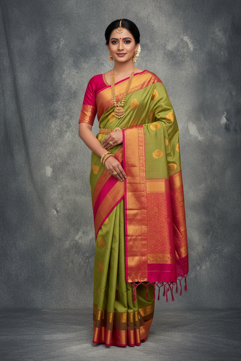 Soft Vegan Silk Saree Pista Green Colour with Rettai Pettu Border