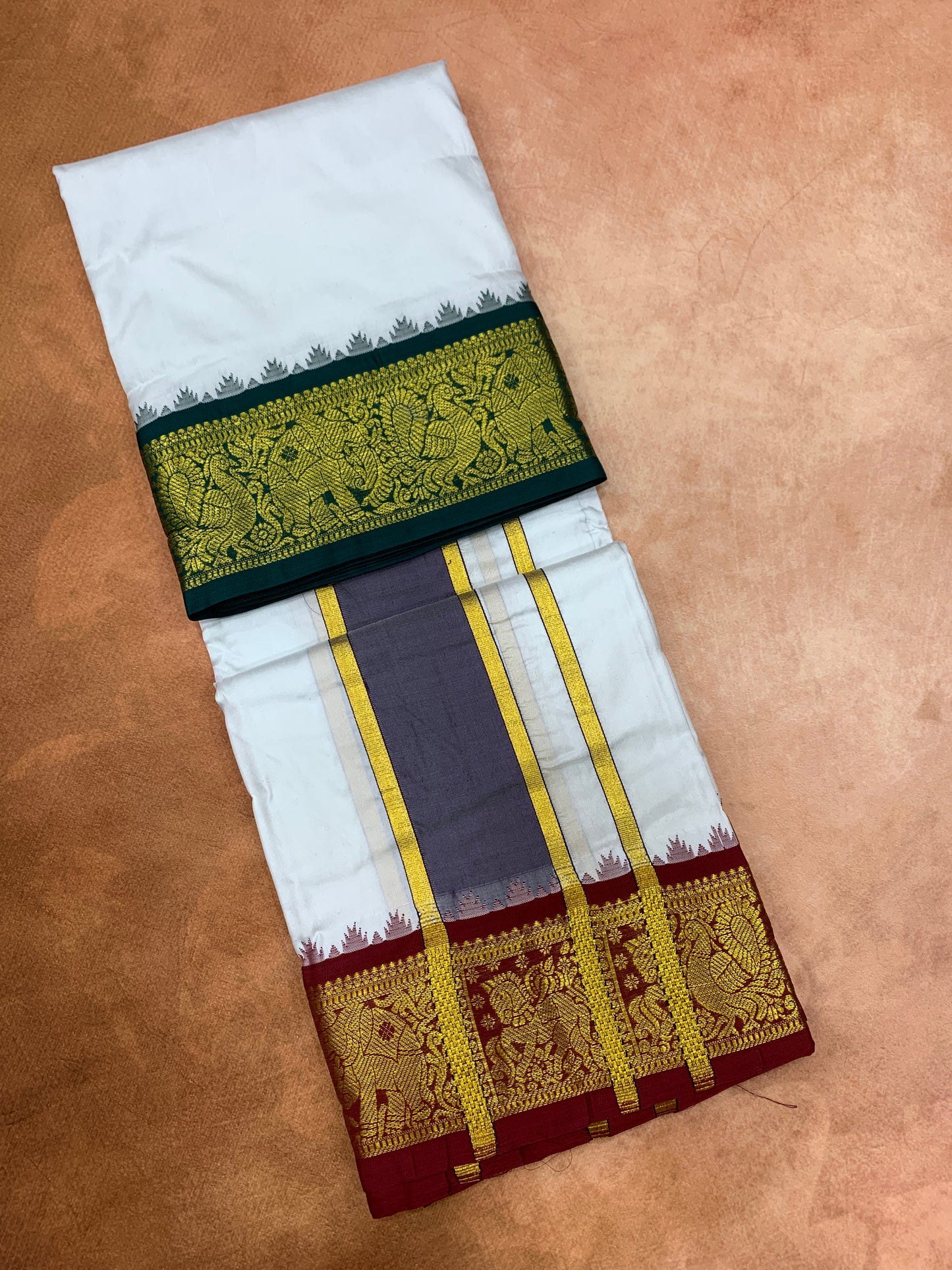 9X5 Pure Silk Dhoti White Colour with Green and Maroon Ganga Jamuna Border