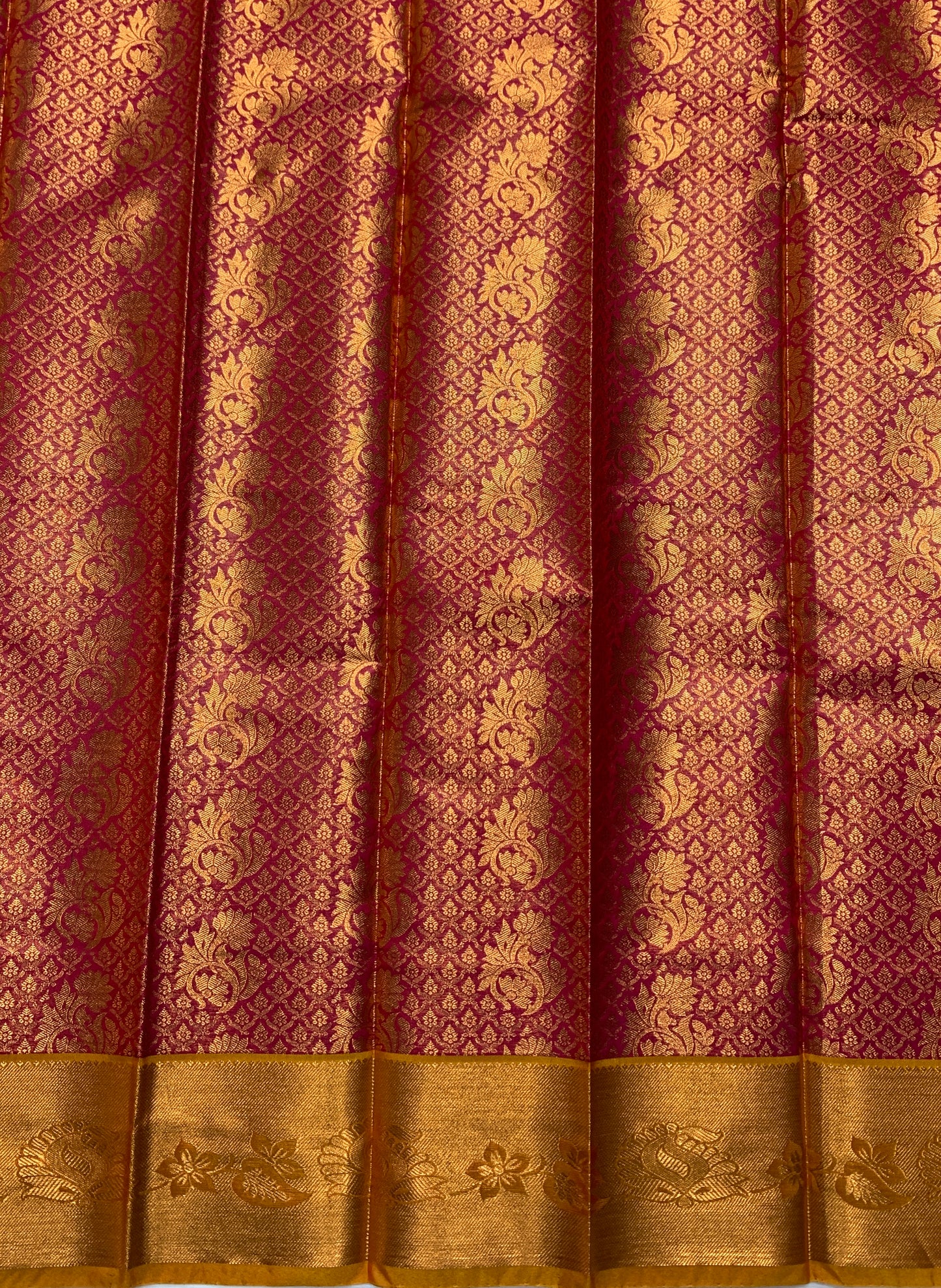 Vegan Silk Saree Pink Colour with Copper and Golden Yellow Border