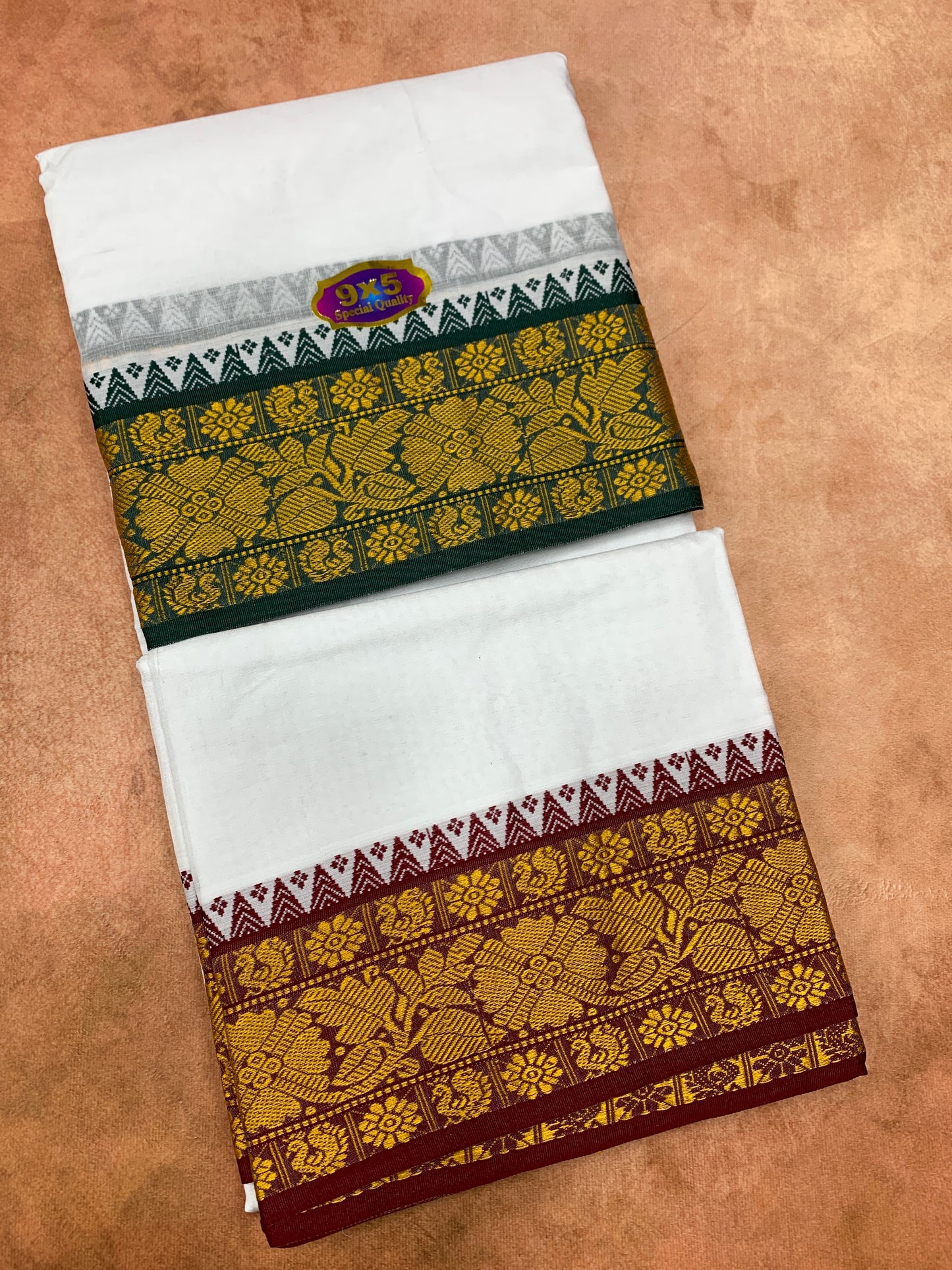 9X5 Cotton Dhoti White with Green and Maroon Ganga Jamuna Border