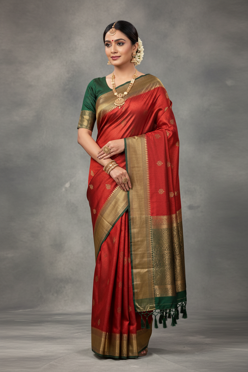 Soft Silk Saree Red Colour and Stone Work with Green Colour Pallu