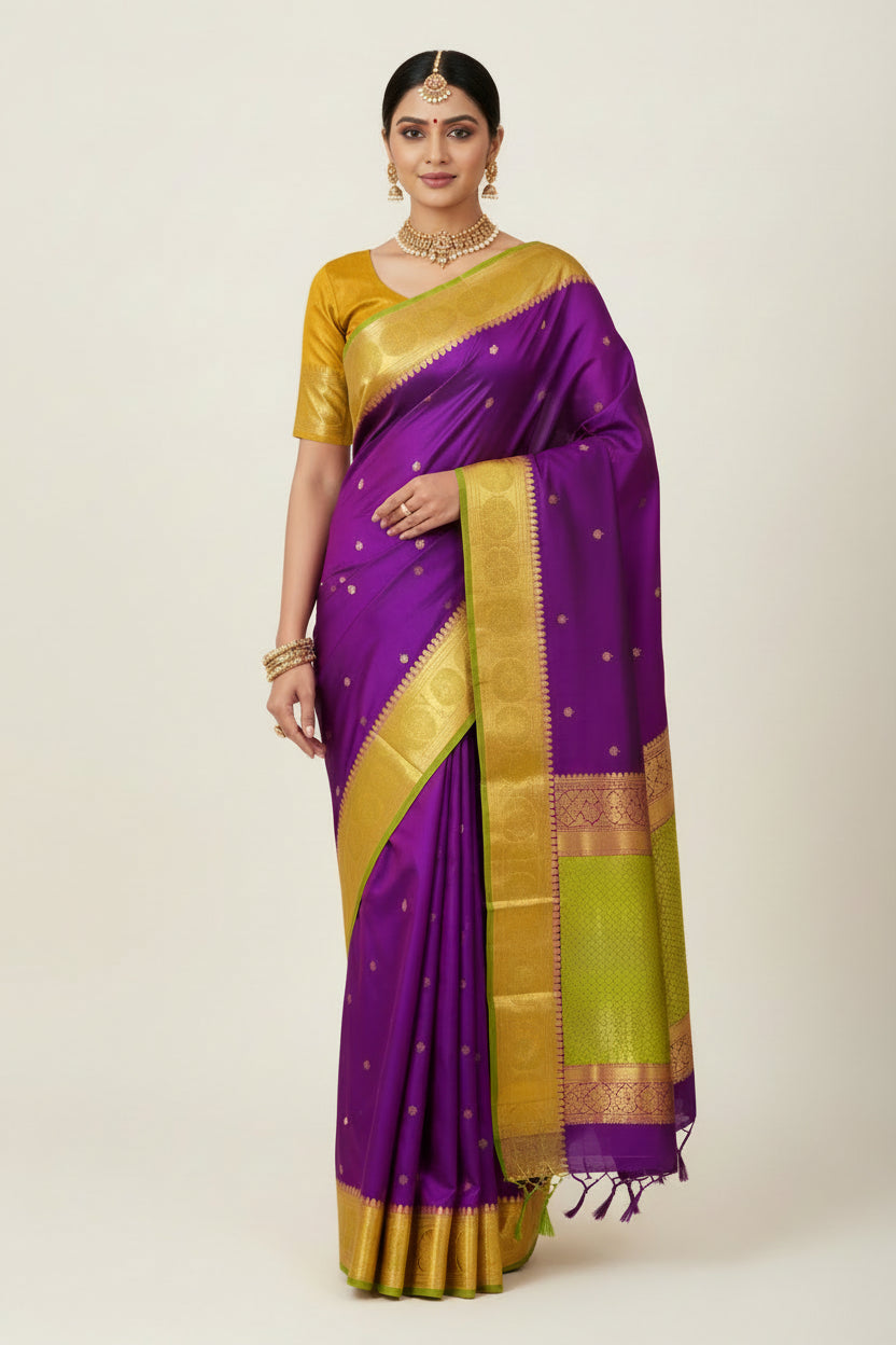 Pure Kanchipuram Silk Purple Colour with Lime Green and Golden Zari Border
