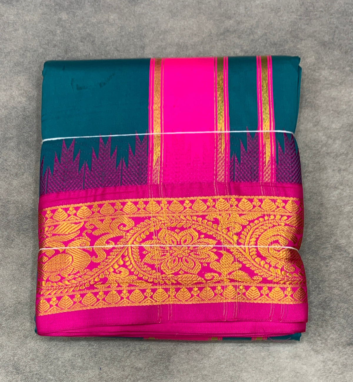 Art Silk Dhothi 9X5 Peacock Green Colour with Pink and Blue Colour Ganga Jamuna Border