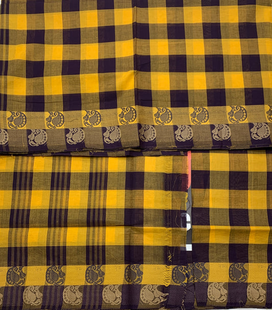 Chettinad Cotton Saree Yellow and Maroon with Checked Design