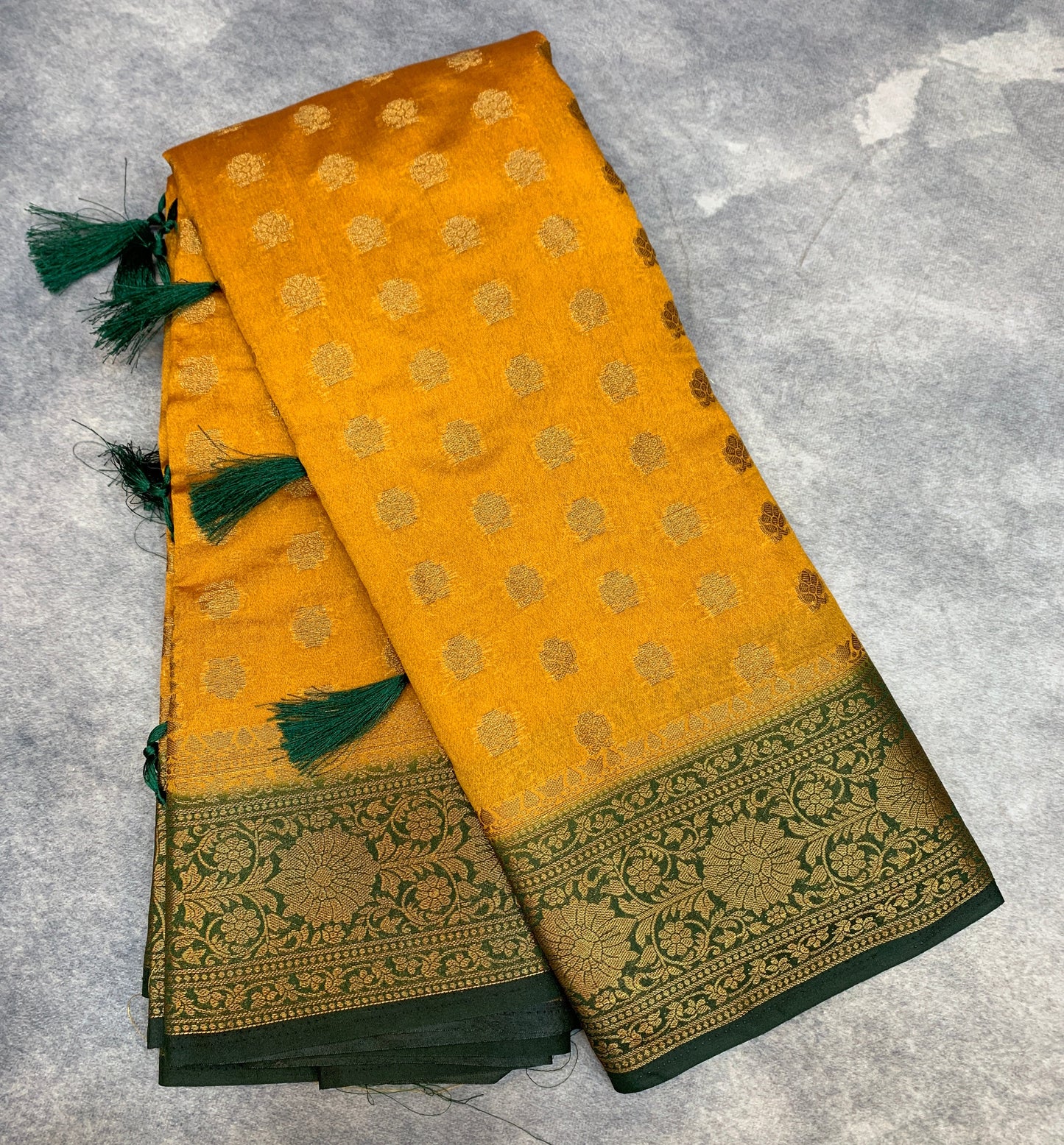 Crepe Saree Mustard Colour with Green Border