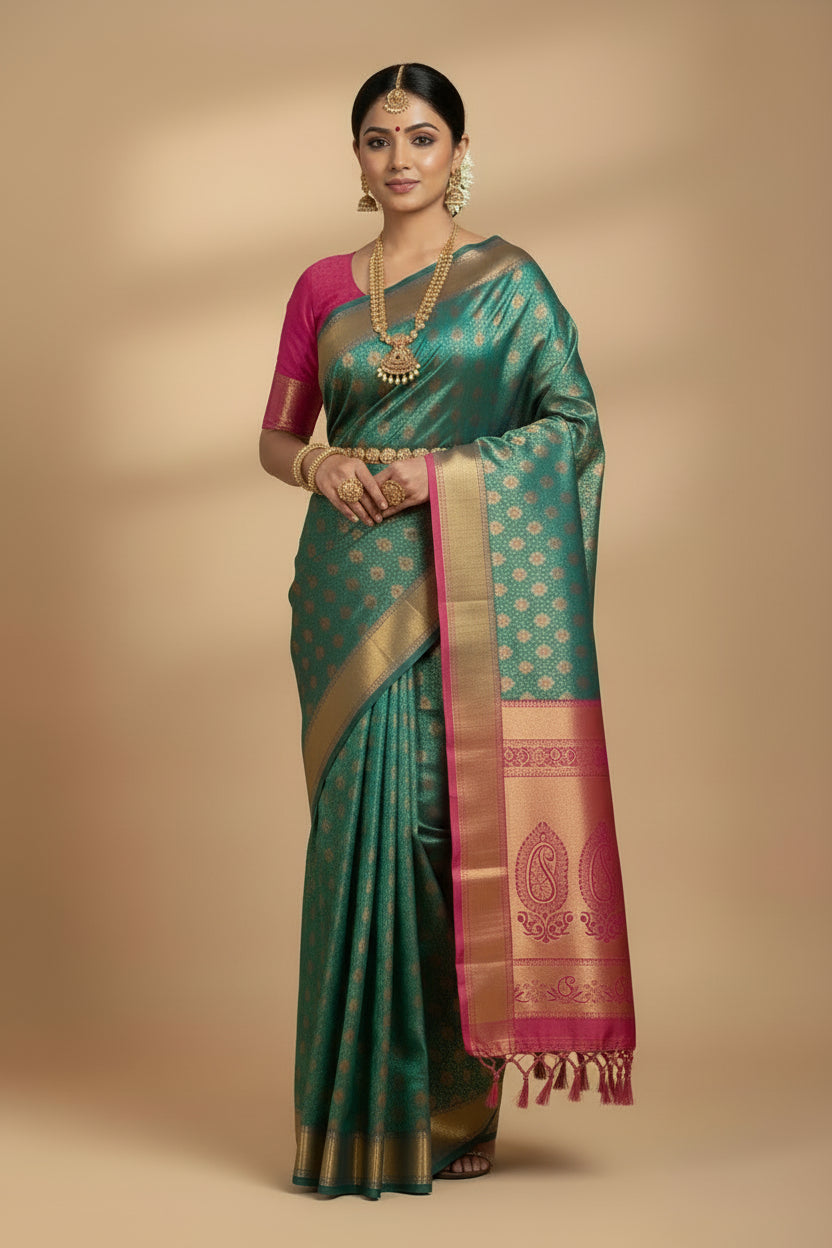 Vegan Silk Saree Light Green Colour with Pink and Copper Border
