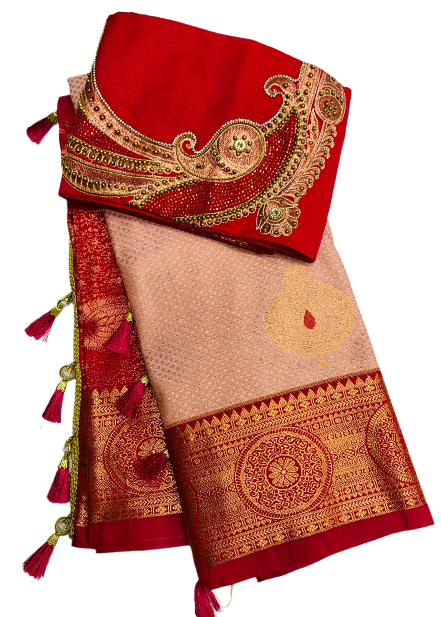 Bridal Vegan Silk Saree Peach Colour with Red Border with Unstitched blouse in Aari work