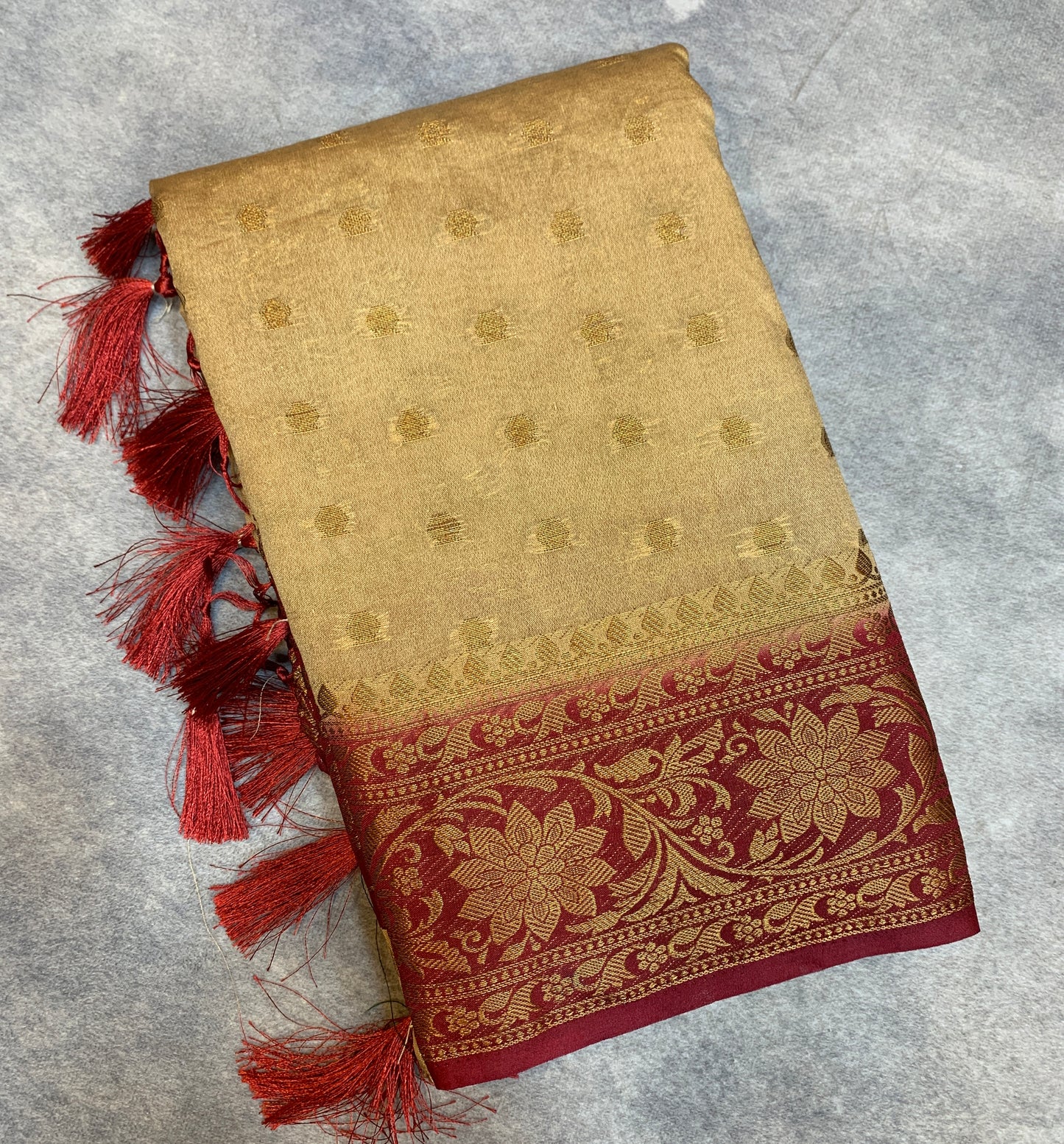 Crepe Saree Sandal Colour with Maroon Border
