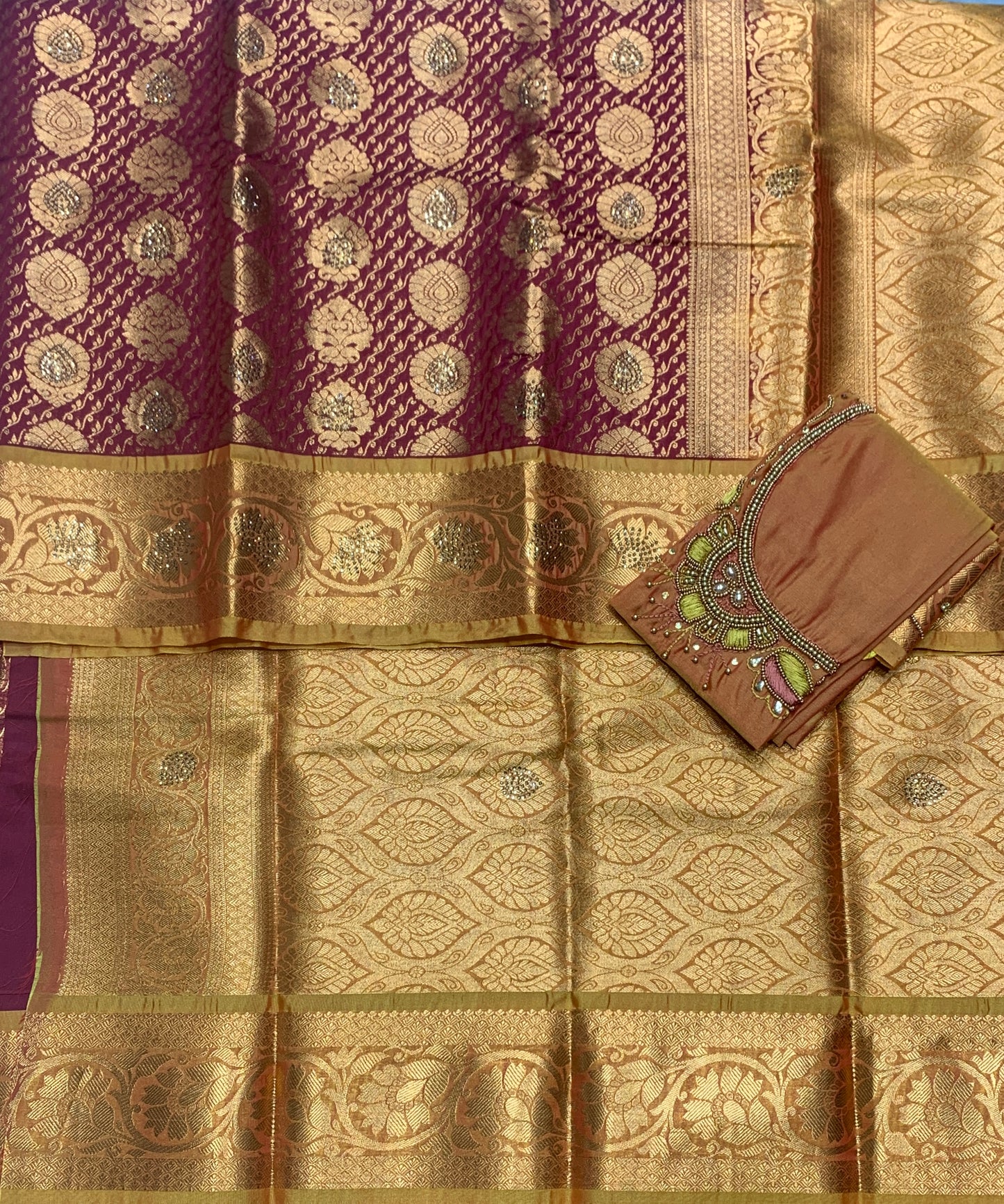 Bridal Vegan Silk Saree Maroon shade with Golden Yellow Border with Unstitched blouse in Aari Work