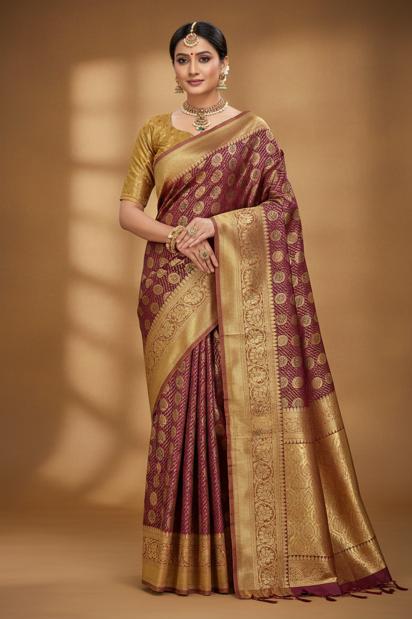 Bridal Vegan Silk Saree Maroon shade with Golden Yellow Border with Unstitched blouse in Aari Work
