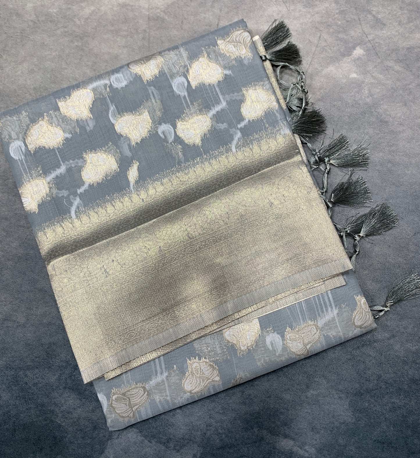 Banaras Katan Saree Gray Colour with Katan Work Border