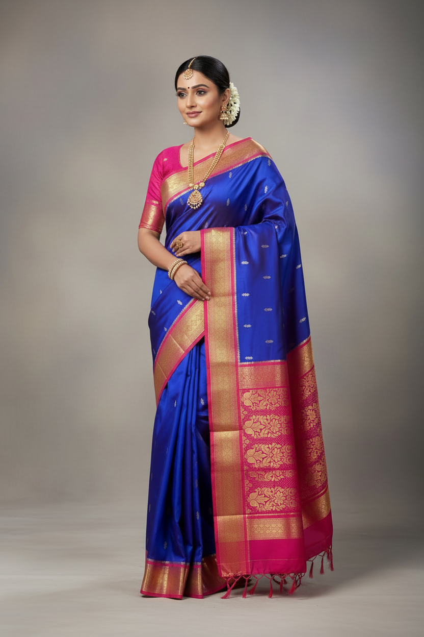 Pure Kanchipuram Silk Blue Colour with Pink Border