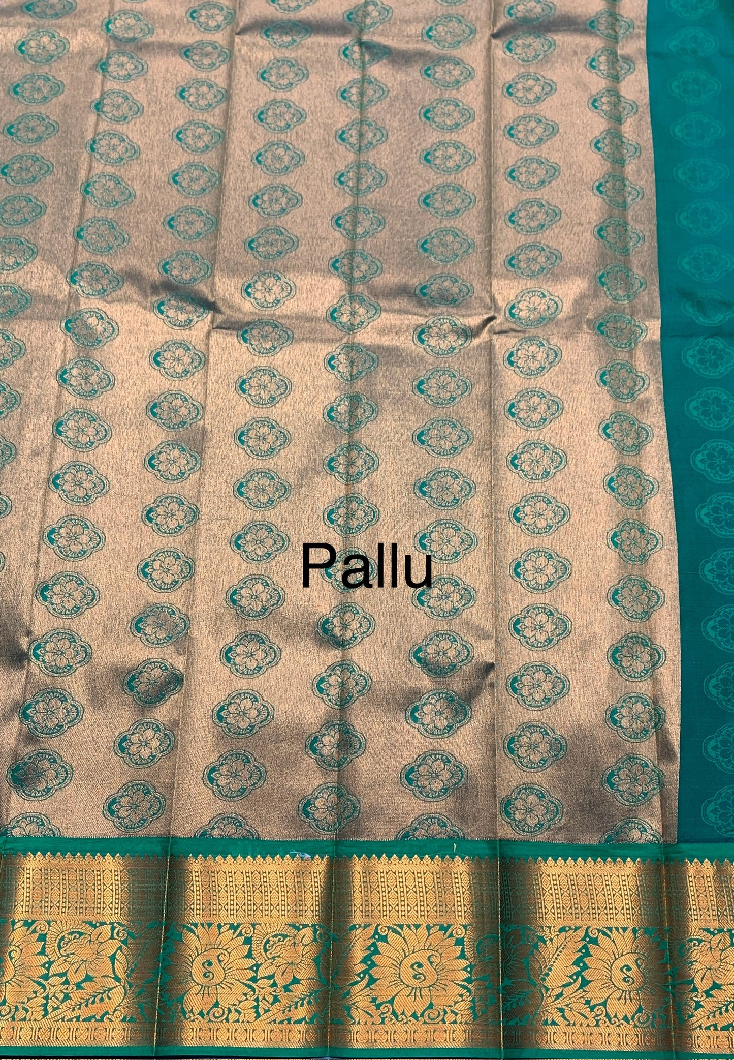 Vegan Silk Saree Peacock Green Colour Saree with Copper Border