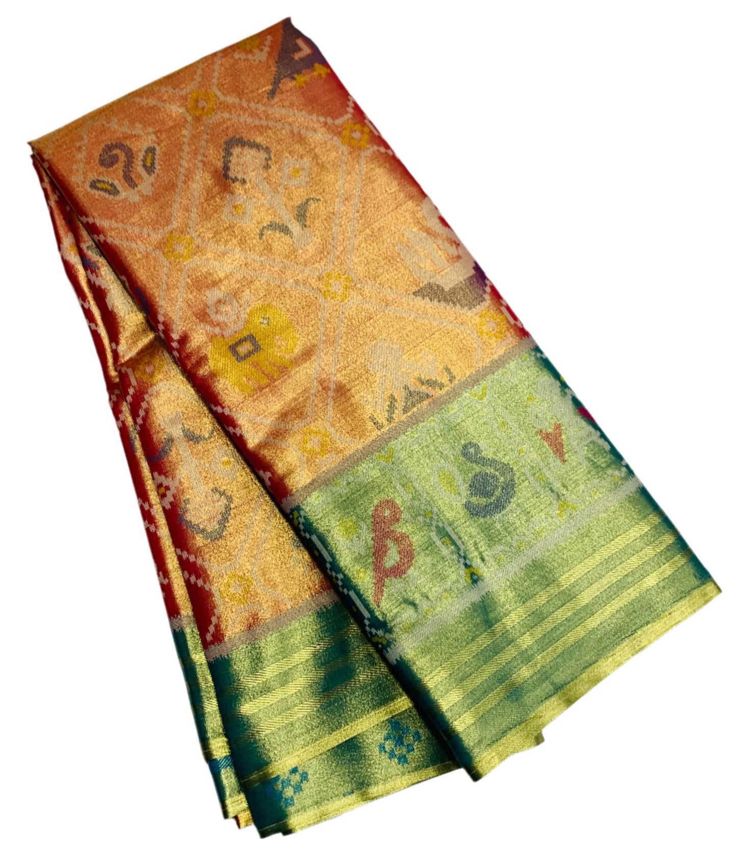 Pochampalli Tissue Silk Saree Golden Orange Colour with Golden Light Green Border