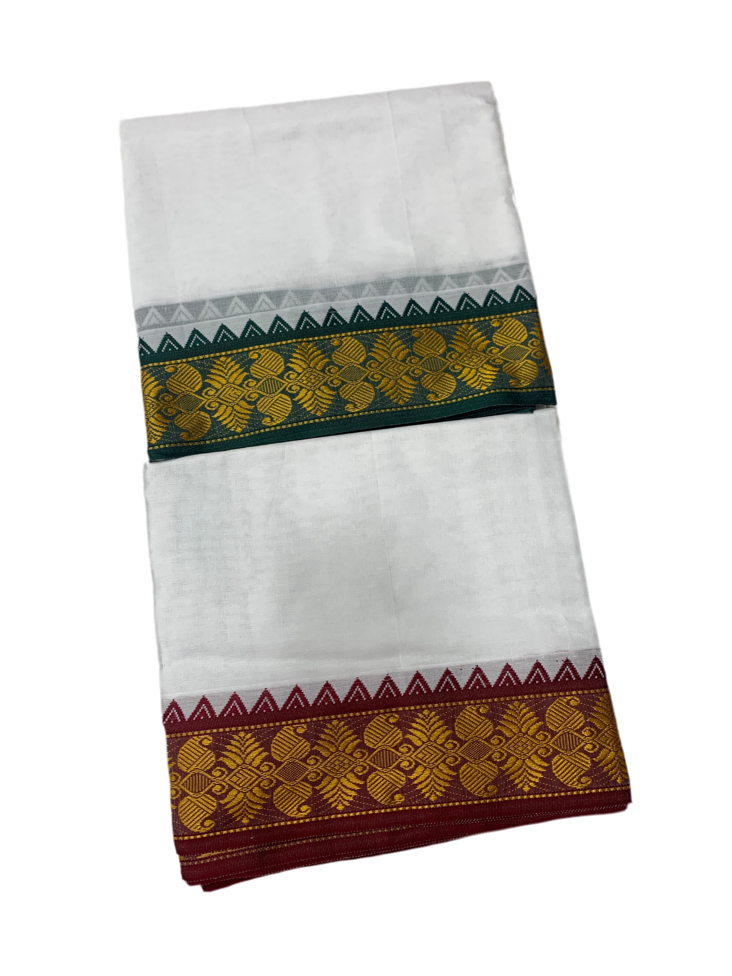9X5 Cotton Dhoti White Green and Maroon Border with Angavastram