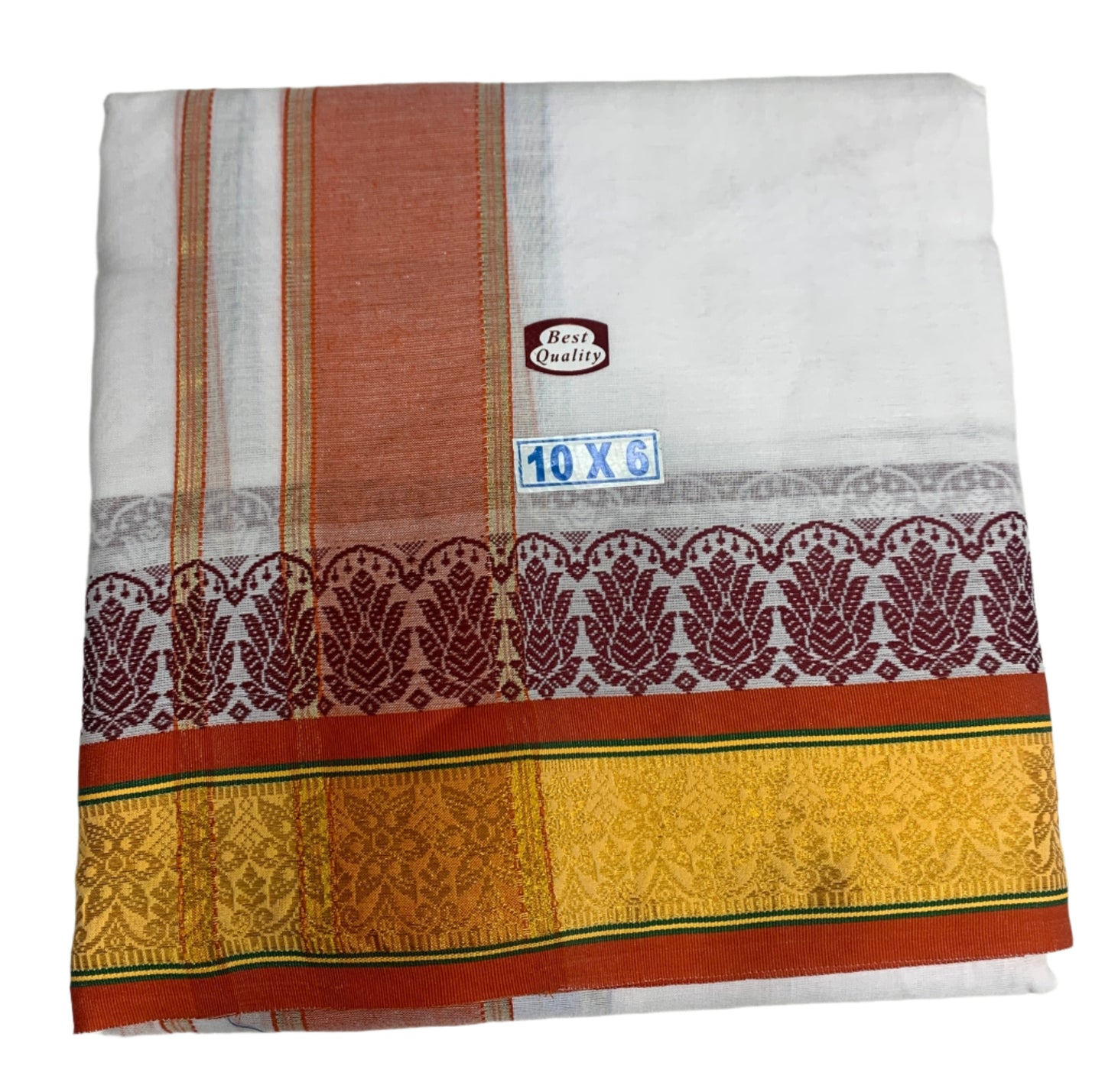 10X6 Cotton Dhoti White Colour with Yellow and Red Border