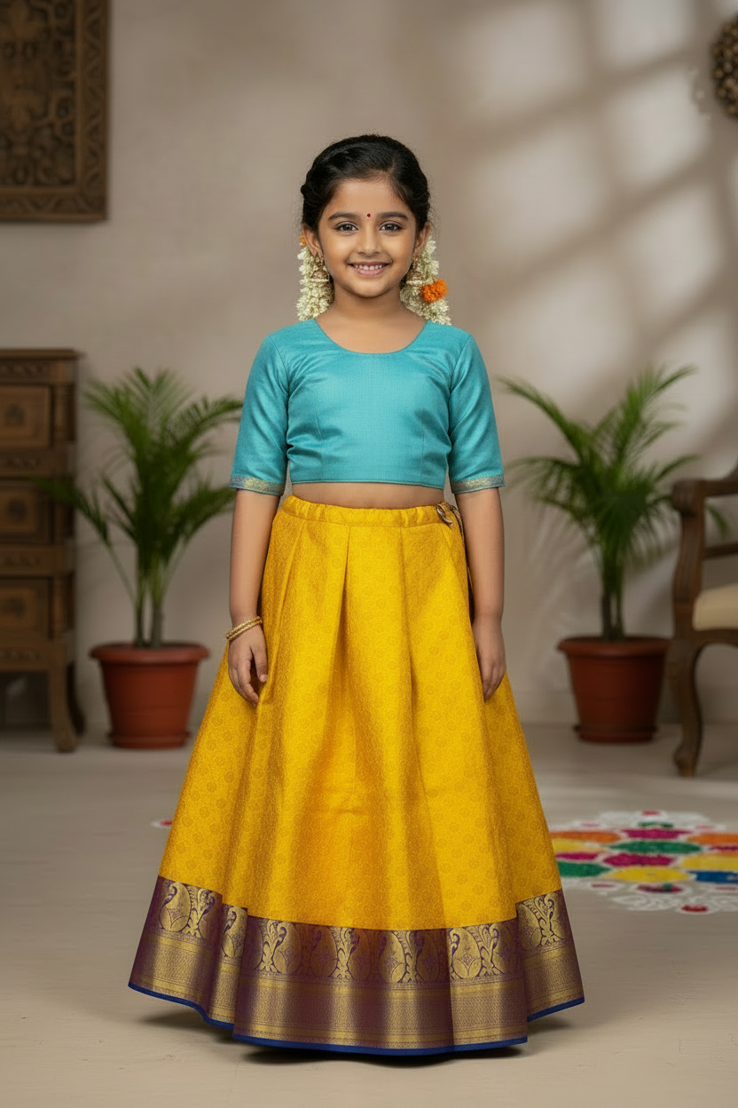 Yellow shade Pure Kanchipuram Kids Pattu Pavadai with contrast border for age 5 to 10
