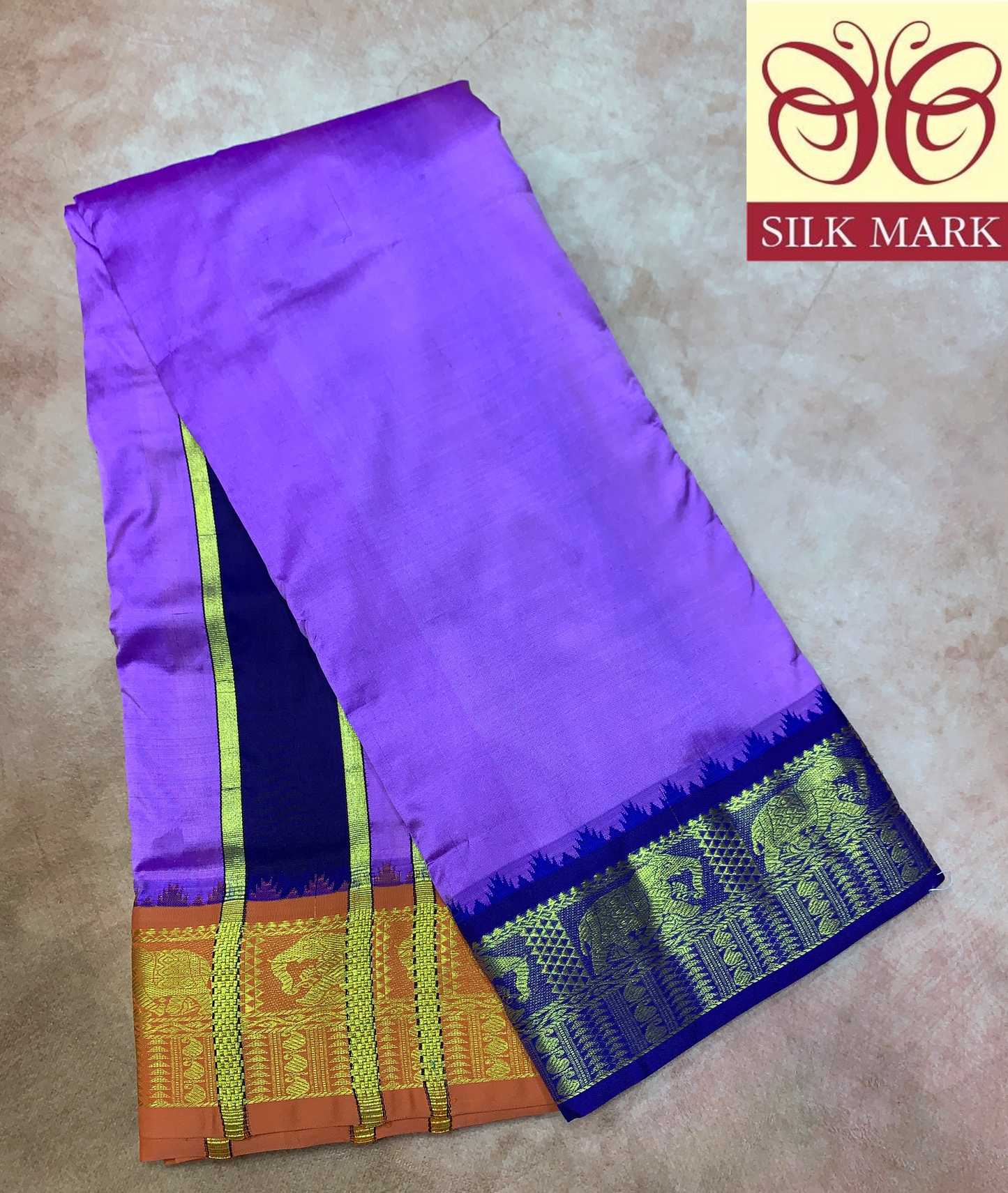 9X5 Pure Silk Dhoti Purple Colour with Blue and Orange Ganga Jamuna Border