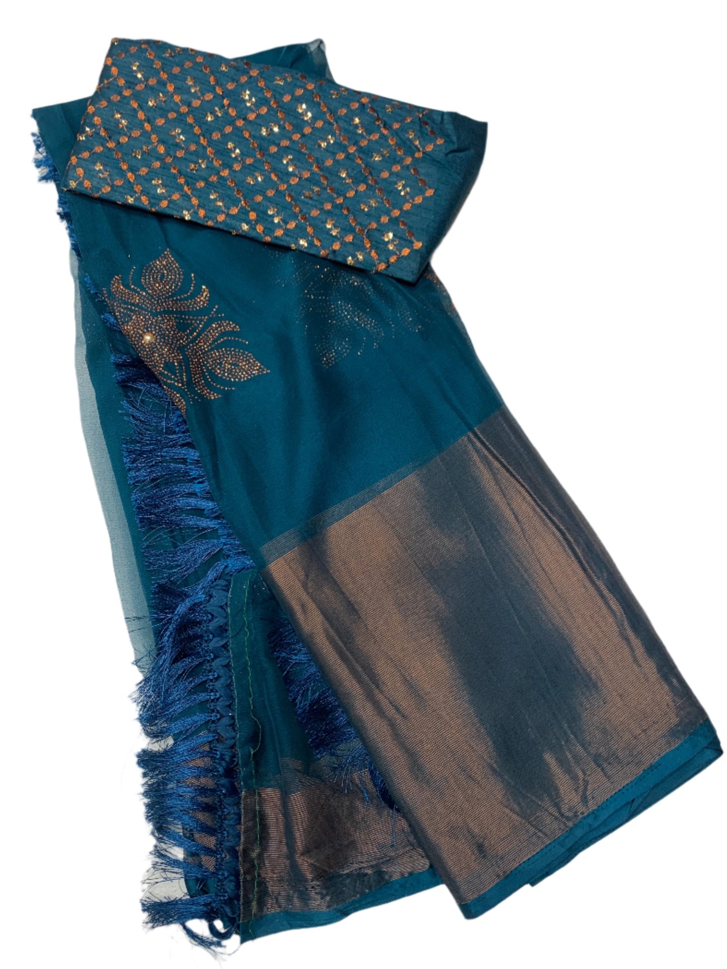 Embroidery Work Saree Peacock Blue Colour with Copper border