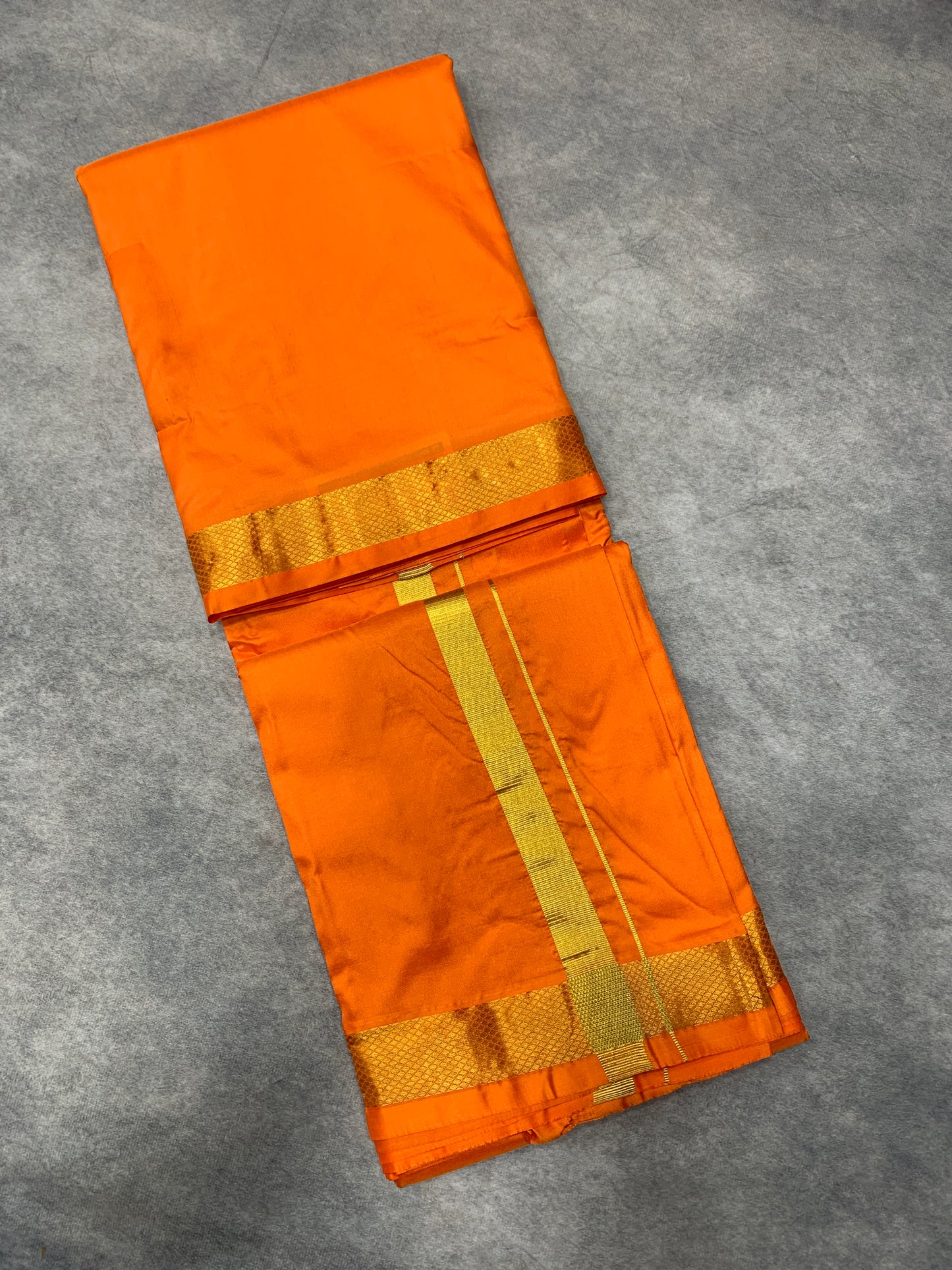 9X5 Pure Silk Dhoti Orange with Golden Zari Border