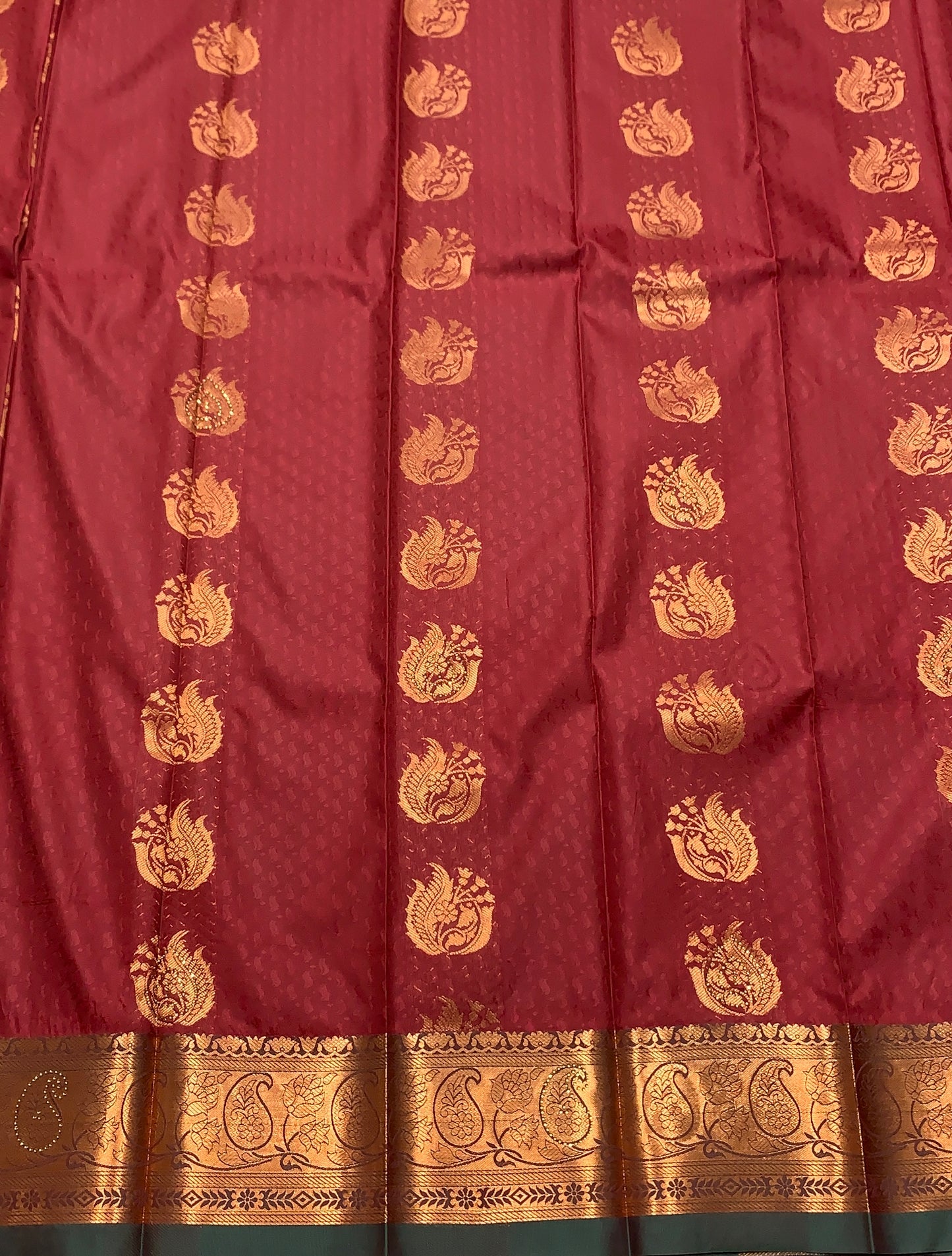 Vegan Silk Saree Maroon Colour with Copper and Green Floral Design Border