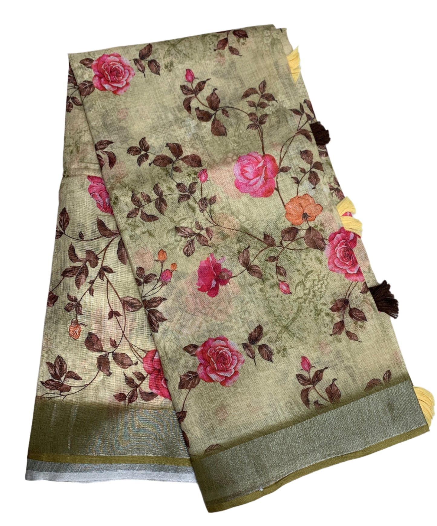 Jute Cotton Saree Light Olive Green Shade with Thread Border