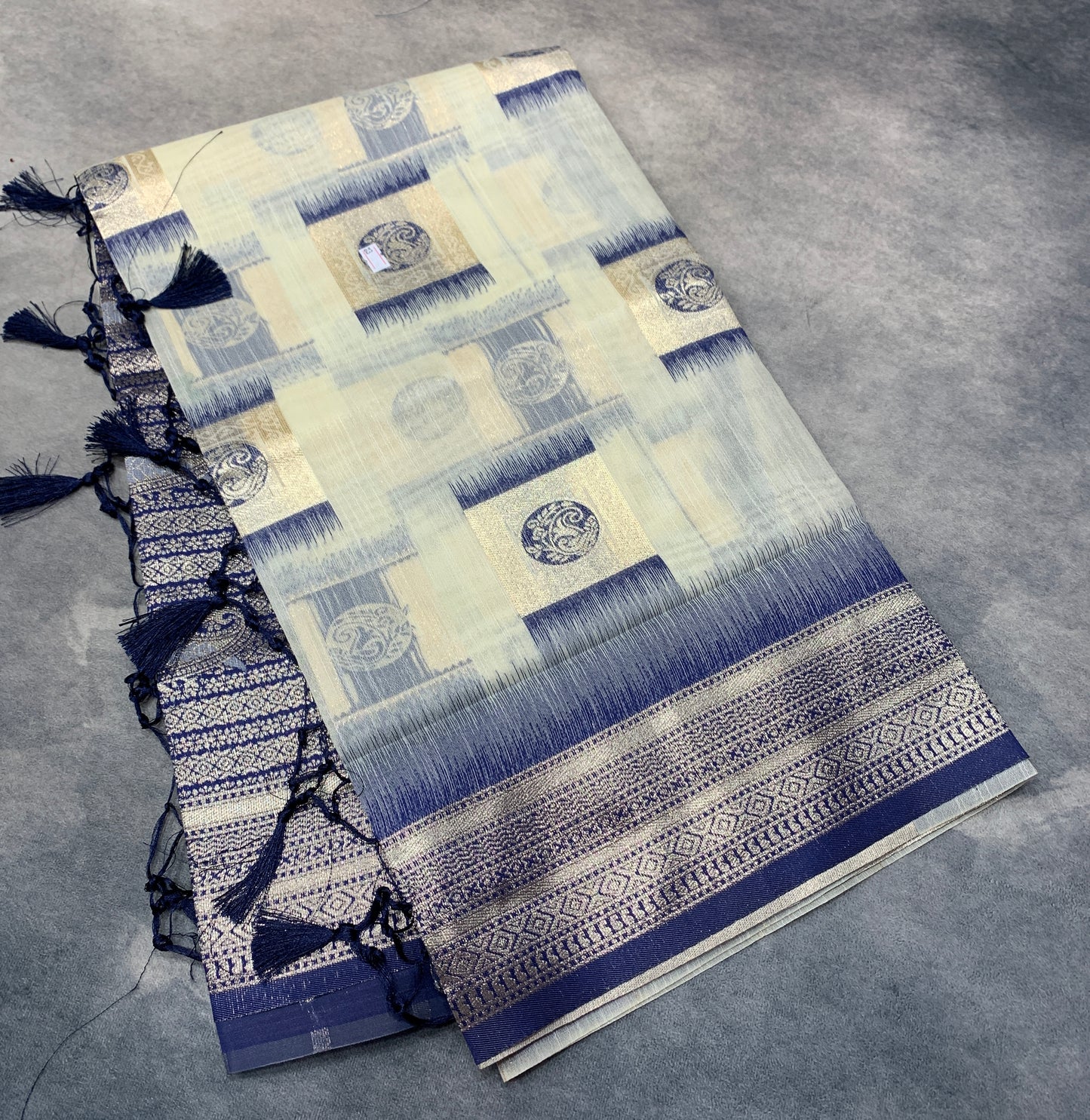 Banaras Katan Saree Off White Colour with Blue Katan Work Border