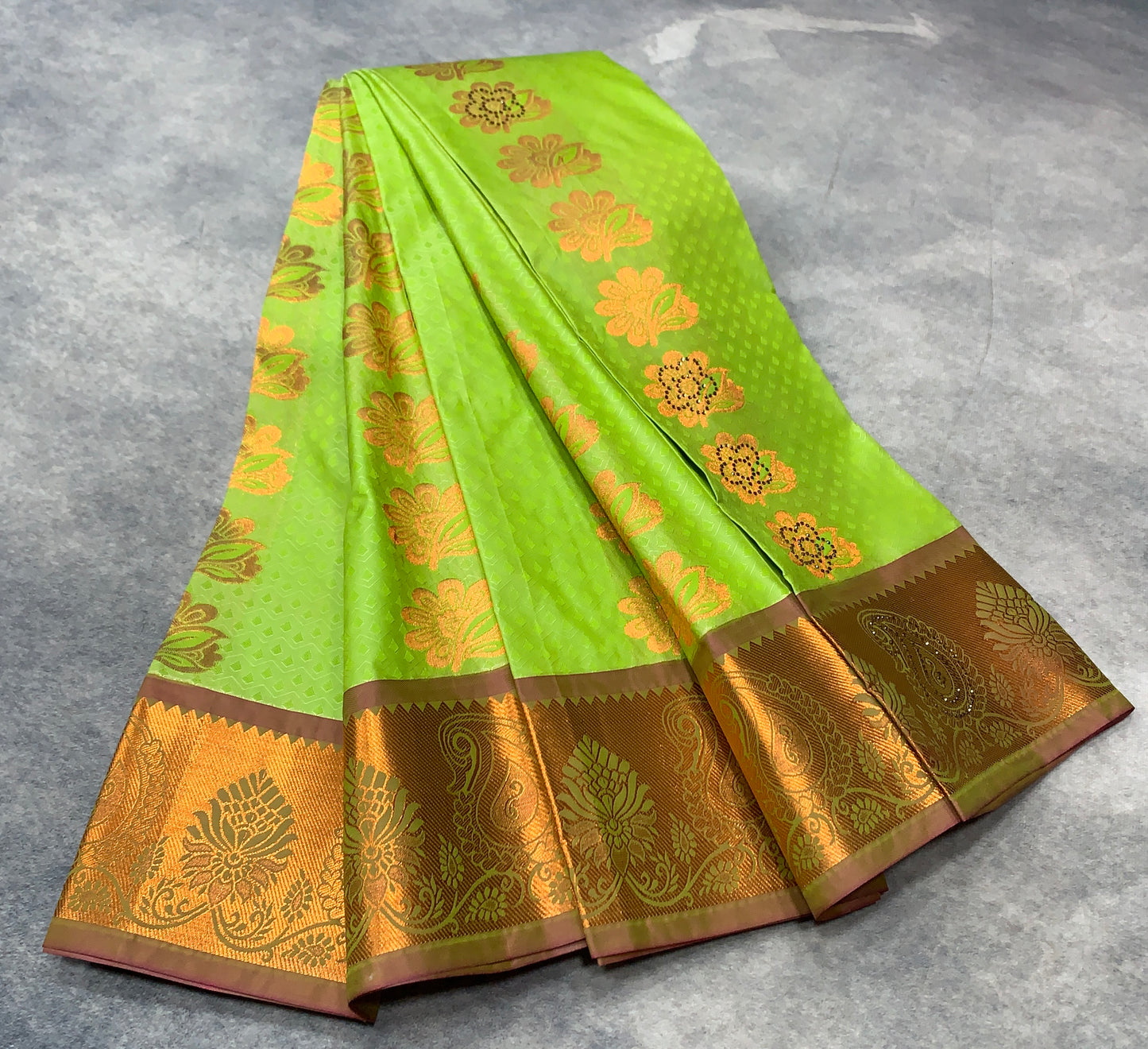 Vegan Silk Saree Light Green Colour with Copper and Brown Floral Design Border