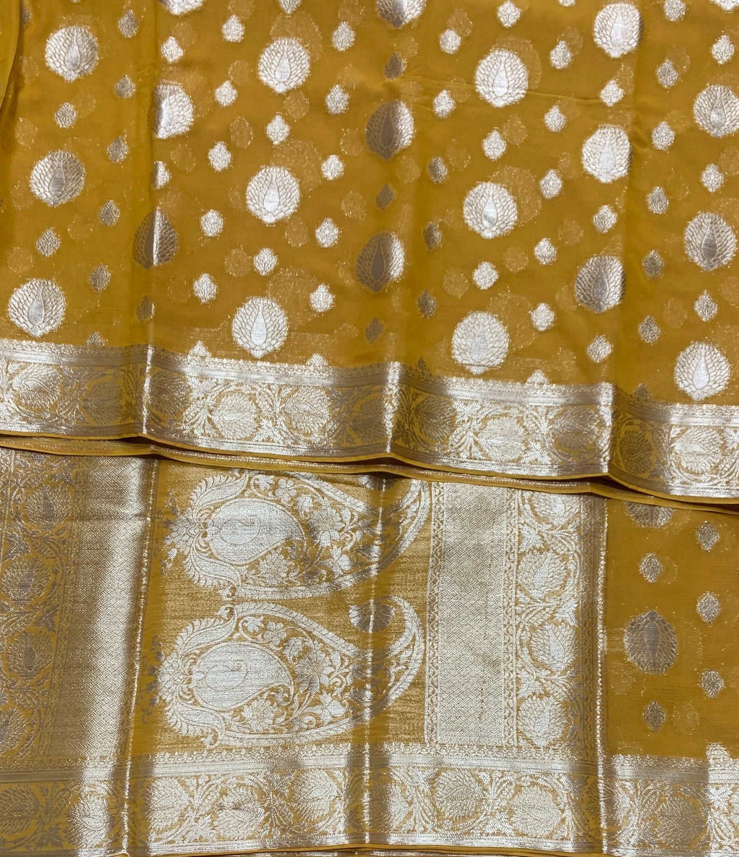 Georgette Saree Mustard Colour with Sliver Floral Design Border